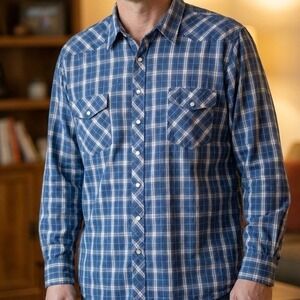Old Navy Men Vintage Flannel Pearl Snap Shirt Size 2XL Blue Plaid Western Cowboy